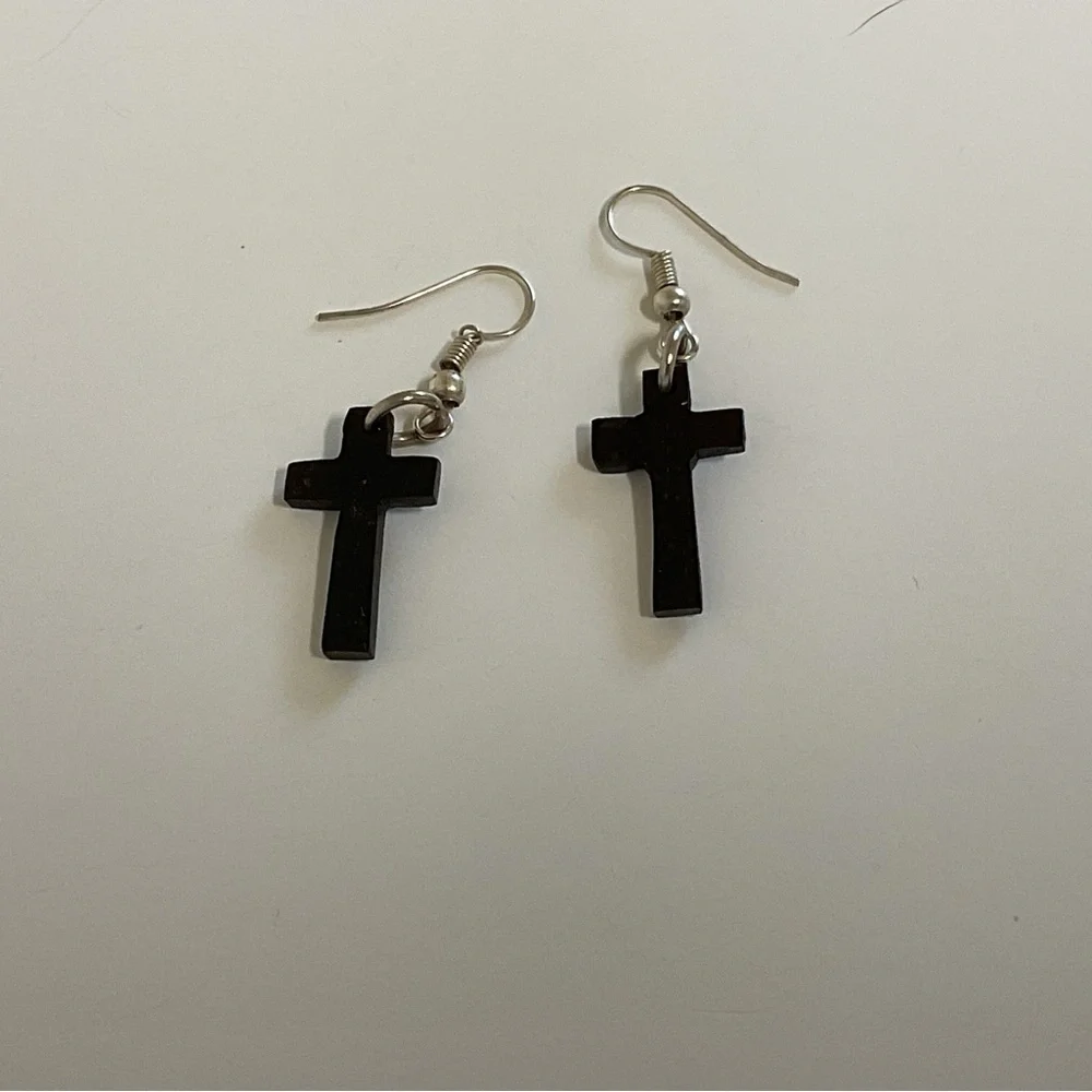 Wood Cross Earrings dangle fish hook - Picture 1 of 5